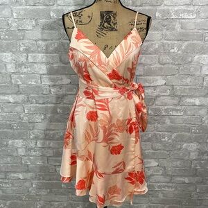 Guess Ruffled Wrap Mini Dress in Orange and Cream